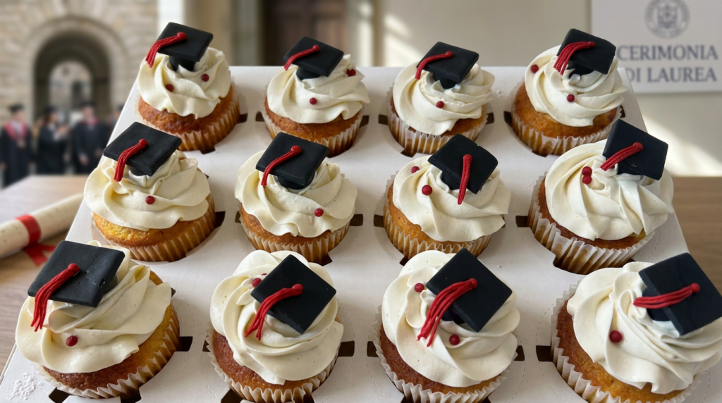 A dozen vanilla cupcakes topped with swirled white frosting, each decorated with a small black fondant graduation cap (mortarboard) with a red tassel. The cupcakes sit in a cardboard tray, with a rolled diploma tied with red ribbon at right. A banner reading 'CERIMONIA DI LAUREA' (Graduation Ceremony) is visible in the blurred background.