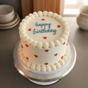 Torta di compleanno bianca con cuoricini rossi ed scritta happy birthday