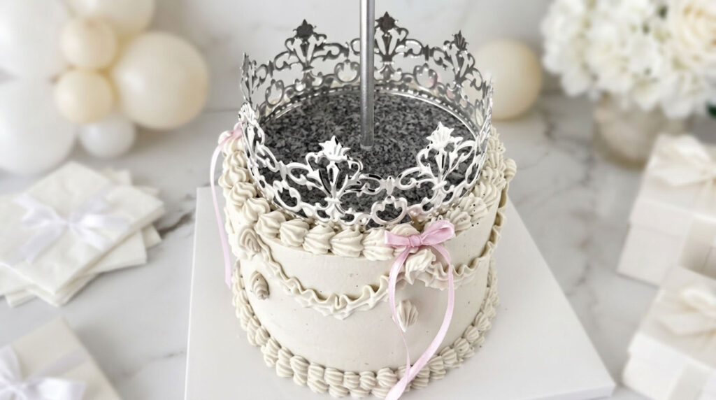 Torta artigianale con copertura in crema al burro meringata e corona decorativa argentata, rifinita con fiocco rosa